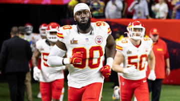 Feb 9, 2025; New Orleans, LA, USA;  Kansas City Chiefs defensive end Charles Omenihu (90) against the Philadelphia Eagles in Super Bowl LIX at Ceasars Superdome. Mandatory Credit: Mark J. Rebilas-Imagn Images