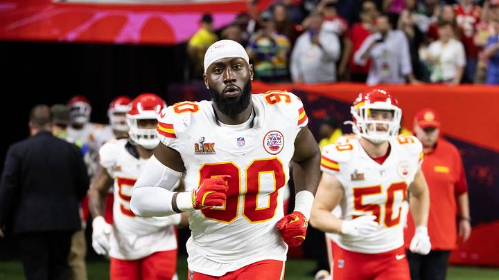 Feb 9, 2025; New Orleans, LA, USA;  Kansas City Chiefs defensive end Charles Omenihu (90) against the Philadelphia Eagles in Super Bowl LIX at Ceasars Superdome. Mandatory Credit: Mark J. Rebilas-Imagn Images
