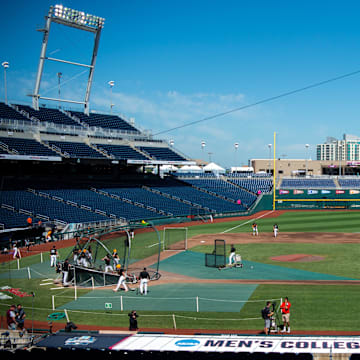 The Tennessee baseball team warms up before game three of the NCAA College World Series finals between Tennessee and Texas A&M at Charles Schwab Field in Omaha, Neb., on Monday, June 24, 2024.