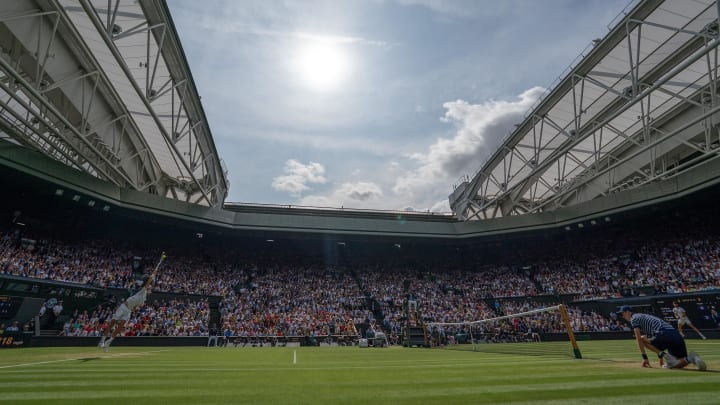 Jul 16, 2023; London, United Kingdom; General view of Centre Court during the Carlos Alcaraz (ESP) and Novak Djokovic (SRB) men's singles final on day 14 at the All England Lawn Tennis and Croquet Club. Mandatory Credit: Susan Mullane-USA TODAY Sports