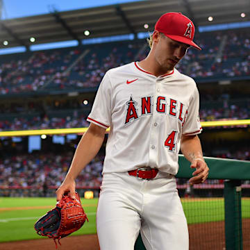 Jun 23, 2025; Anaheim, California, USA; Los Angeles Angels pitcher Jack Kochanowicz (41) returns following the top of the fifth inning against the Boston Red Sox at Angel Stadium. Mandatory Credit: Gary A. Vasquez-Imagn Images