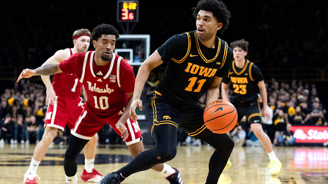 Nebraska guard Jamarques Lawrence covers Iowa guard Kael Combs at Carver-Hawkeye Arena on Tuesday night.