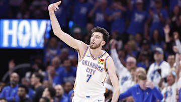 May 7, 2024; Oklahoma City, Oklahoma, USA; Oklahoma City Thunder forward Chet Holmgren (7) reacts after scoring a three-point basket against the Dallas Mavericks during the second half of game one of the second round for the 2024 NBA playoffs at Paycom Center. Mandatory Credit: Alonzo Adams-Imagn Images