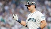 Seattle Mariners catcher Cal Raleigh (29) reacts after hitting a single during the first inning  against the Detroit Tigers during game one of the ALDS round for the 2025 MLB playoffs at T-Mobile Park.