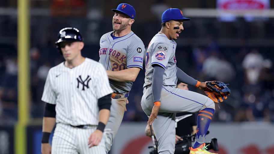 New York Mets first baseman Pete Alonso and third baseman Mark Vientos celebrate after defeating their crosstown rivals. | Brad Penner-Imagn Images