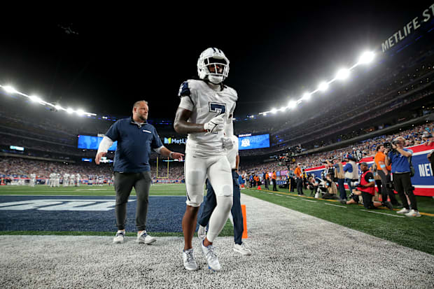 Dallas Cowboys cornerback Trevon Diggs leaves the field after an injury during the fourth quarter against the New York Giants