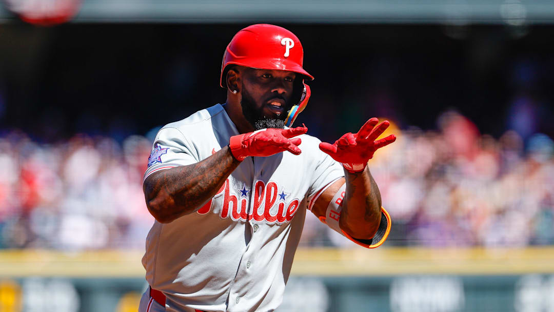 Apr 5, 2026; Denver, Colorado, USA; Philadelphia Phillies right fielder Adolis Garcia (53) rounds the bases on a solo home run in the second inning against the Colorado Rockies at Coors Field. Mandatory Credit: Isaiah J. Downing-Imagn Images