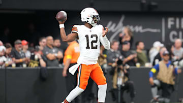 Nov 23, 2025; Paradise, Nevada, USA; Cleveland Browns quarterback Shedeur Sanders (12) warms up before the game against the Las Vegas Raiders at Allegiant Stadium. Mandatory Credit: Stephen R. Sylvanie-Imagn Images