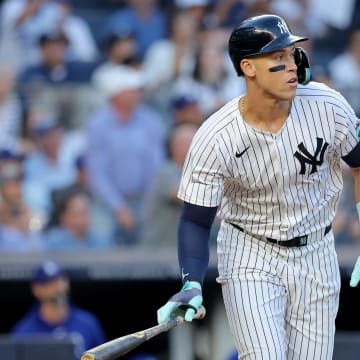 New York Yankees right fielder Aaron Judge (99) watches his RBI double against the Los Angeles Dodgers during the third inning at Yankee Stadium on June 9.