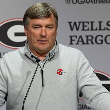 Georgia coach Kirby Smart speaks to the media.