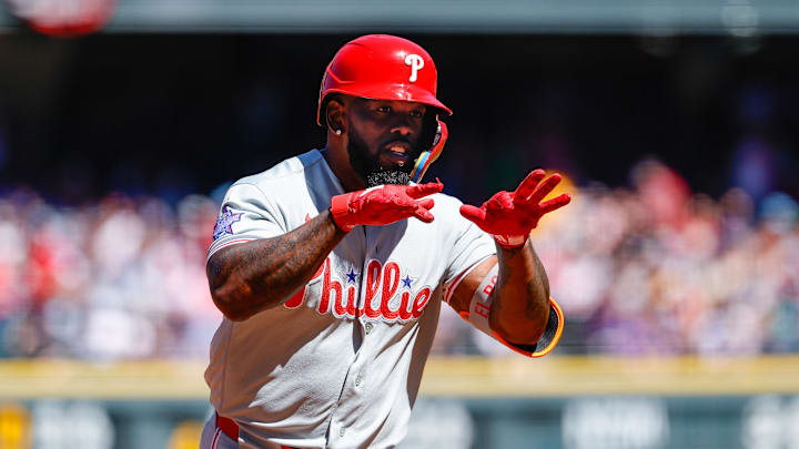 Apr 5, 2026; Denver, Colorado, USA; Philadelphia Phillies right fielder Adolis Garcia (53) rounds the bases on a solo home run in the second inning against the Colorado Rockies at Coors Field. Mandatory Credit: Isaiah J. Downing-Imagn Images
