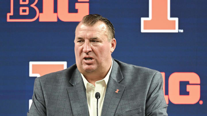 Jul 23, 2024; Indianapolis, IN, USA;  Illinois Fighting Illini head coach Bret Bielema speaks to the media during the Big 10 football media day at Lucas Oil Stadium. Mandatory Credit: Robert Goddin-USA TODAY Sports