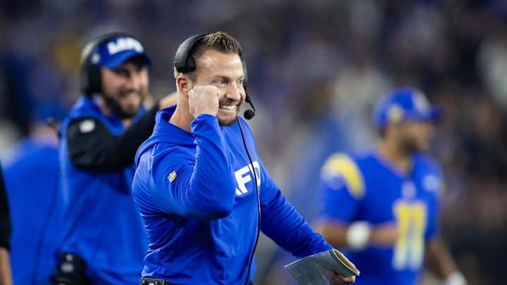 Jan 13, 2025; Glendale, AZ, USA; Los Angeles Rams head coach Sean McVay celebrates a touchdown against the Minnesota Vikings during an NFC wild card game at State Farm Stadium. Mandatory Credit: Mark J. Rebilas-Imagn Images Jan 13, 2025; Glendale, AZ, USA; Los Angeles Rams head coach Sean McVay celebrates a touchdown against the Minnesota Vikings during an NFC wild card game at State Farm Stadium. Mandatory Credit: Mark J. Rebilas-Imagn Images