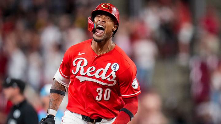 Cincinnati Reds right fielder Will Benson (30) celebrates as he runs the bases on a game-tying solo home run in the ninth inning of the MLB Interleague game between the Cincinnati Reds and the Kansas City Royals at Great American Ball Park in Cincinnati on Tuesday, June 2, 2026. The Reds won 4-3 on a walkoff hit by Blake Dunn, scoring Spencer Steer from second base in the 10th inning.