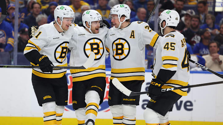Apr 21, 2026; Buffalo, New York, USA; Boston Bruins left wing Viktor Arvidsson (71) celebrates his goal with teammates during the third period against the Buffalo Sabres in game two of the first round of the 2026 Stanley Cup Playoffs at KeyBank Center. Mandatory Credit: Timothy T. Ludwig-Imagn Images
