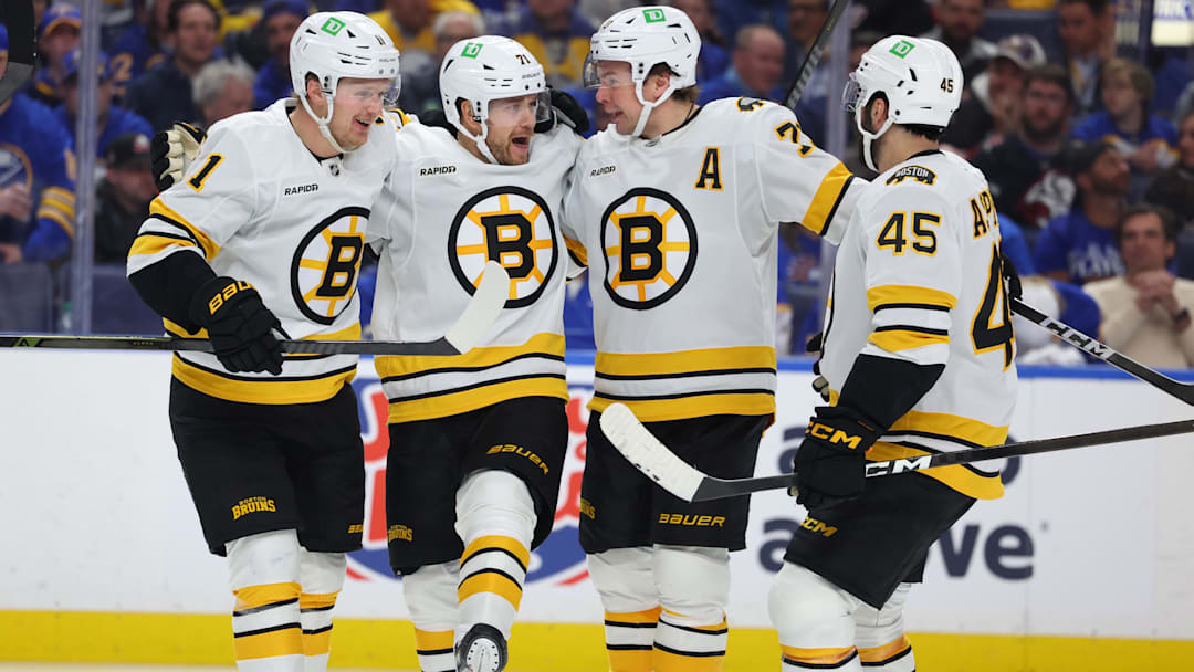 Apr 21, 2026; Buffalo, New York, USA; Boston Bruins left wing Viktor Arvidsson (71) celebrates his goal with teammates during the third period against the Buffalo Sabres in game two of the first round of the 2026 Stanley Cup Playoffs at KeyBank Center. Mandatory Credit: Timothy T. Ludwig-Imagn Images