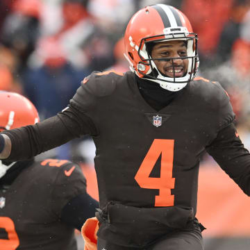 Dec 24, 2022; Cleveland, Ohio, USA; Cleveland Browns quarterback Deshaun Watson (4) celebrates after scoring a touchdown during the first half against the New Orleans Saints at FirstEnergy Stadium.