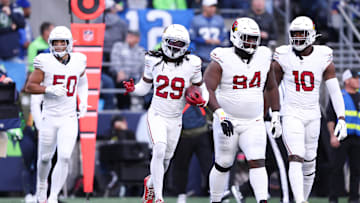 Nov 9, 2025; Seattle, Washington, USA; Arizona Cardinals cornerback Denzel Burke (29) celebrates an interception during the third quarter against the Seattle Seahawks at Lumen Field. Mandatory Credit: Kevin Ng-Imagn Images