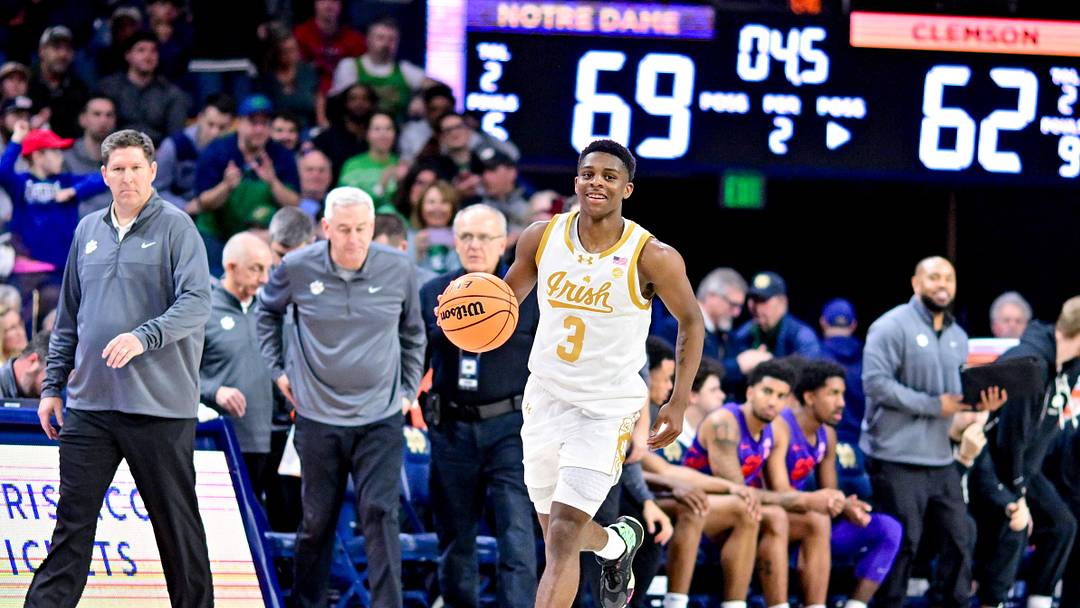 Mar 2, 2024; South Bend, Indiana, USA; Notre Dame Fighting Irish guard Markus Burton (3) dribbles as time expires in the second half against the Clemson Tigers at the Purcell Pavilion. Mandatory Credit: Matt Cashore-Imagn Images