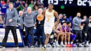 Mar 2, 2024; South Bend, Indiana, USA; Notre Dame Fighting Irish guard Markus Burton (3) dribbles as time expires in the second half against the Clemson Tigers at the Purcell Pavilion. Mandatory Credit: Matt Cashore-Imagn Images