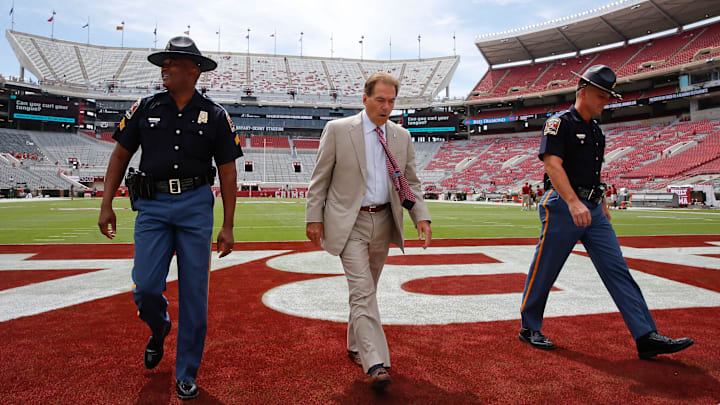 Alabama coach Nick Saban takes his pregame walk around Bryant-Denny Stadium before the Crimson Tide faces Arkansas State in the home opener Saturday, Sept. 8, 2018. The University of Alabama has decided to rename the field in honor of Saban.