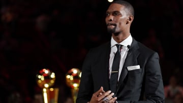 Mar 26, 2019; Miami, FL, USA; Former Miami Heat player Chris Bosh speaks during his jersey retirement ceremony at halftime of the game between the Miami Heat and the Orlando Magic at American Airlines Arena. Mandatory Credit: Jasen Vinlove-USA TODAY Sports
