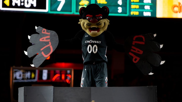 The University of Cincinnati mascot, the Bearcat, emerges from a makeshift coffin during a timeout in the first half of an NCAA men   s college basketball game on Saturday, Feb. 11, 2023 at Fifth Third Arena in Cincinnati.

South Florida Bulls At Cincinnati Bearcats Ncaa Basketball Feb 11