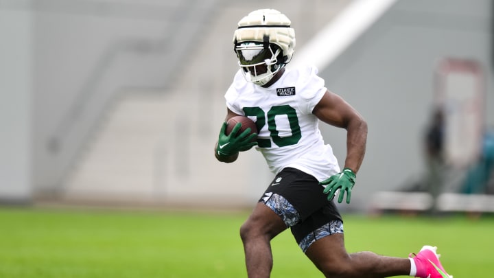 Jul 25, 2024; Florham Park, NJ, USA; New York Jets running back Breece Hall (20) participates in a drill during training camp at Atlantic Health Jets Training Center.