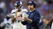 Dec 8, 2024; Glendale, Arizona, USA; Seattle Seahawks head coach Mike Macdonald against the Arizona Cardinals at State Farm Stadium. Mandatory Credit: Mark J. Rebilas-Imagn Images
