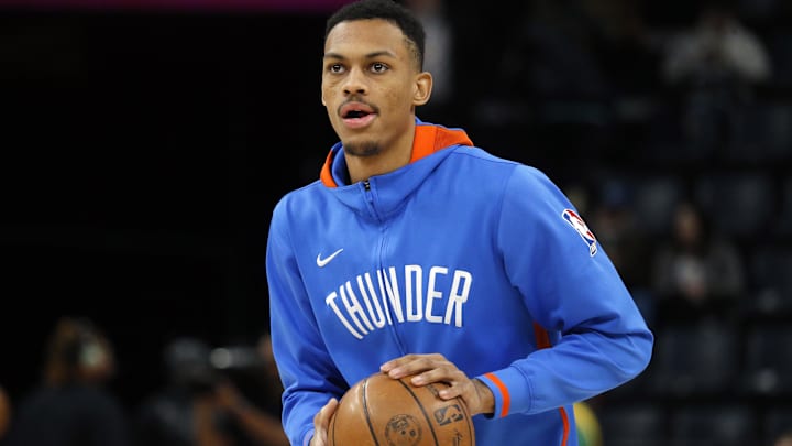 Nov 18, 2022; Memphis, Tennessee, USA; Oklahoma City Thunder forward Darius Bazley (55) shoots during warm ups prior to the game against the Memphis Grizzlies at FedExForum. Mandatory Credit: Petre Thomas-Imagn Images