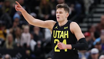Jan 12, 2024; Salt Lake City, Utah, USA; Utah Jazz center Walker Kessler (24) reacts to a play against the Toronto Raptors during the fourth quarter at Delta Center. Mandatory Credit: Rob Gray-Imagn Images