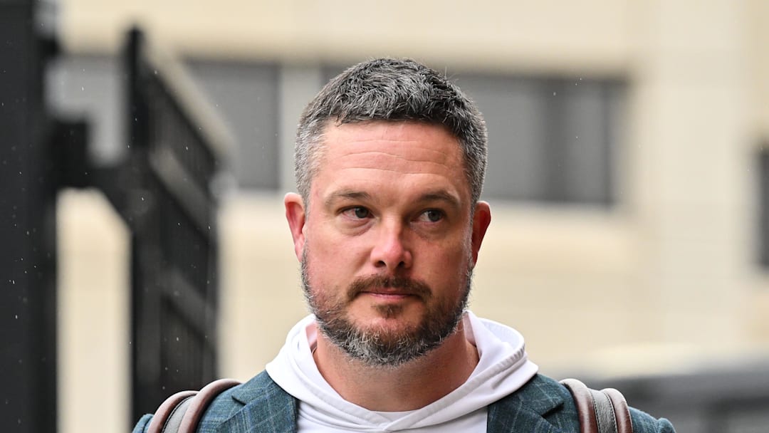 Nov 8, 2025; Iowa City, Iowa, USA; Oregon Ducks head coach Dan Lanning enters Kinnick Stadium before the game against the Iowa Hawkeyes. Mandatory Credit: Jeffrey Becker-Imagn Images