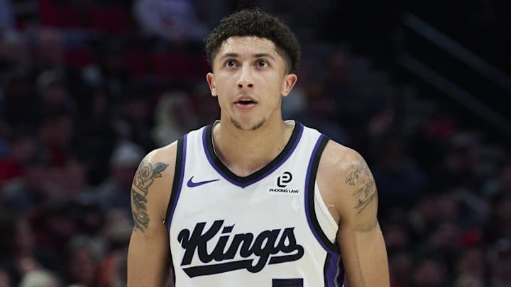 Apr 12, 2026; Portland, Oregon, USA; Sacramento Kings guard Nique Clifford (5) waits during a break during the second half in a game against the Portland Trail Blazers at Moda Center. Mandatory Credit: Troy Wayrynen-Imagn Images