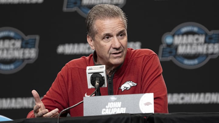 Arkansas Razorbacks coach John Calipari addresses the media in a press conference during NCAA Tournament West Regional Practice at Chase Center. Arkansas Razorbacks coach John Calipari addresses the media in a press conference during NCAA Tournament West Regional Practice at Chase Center.