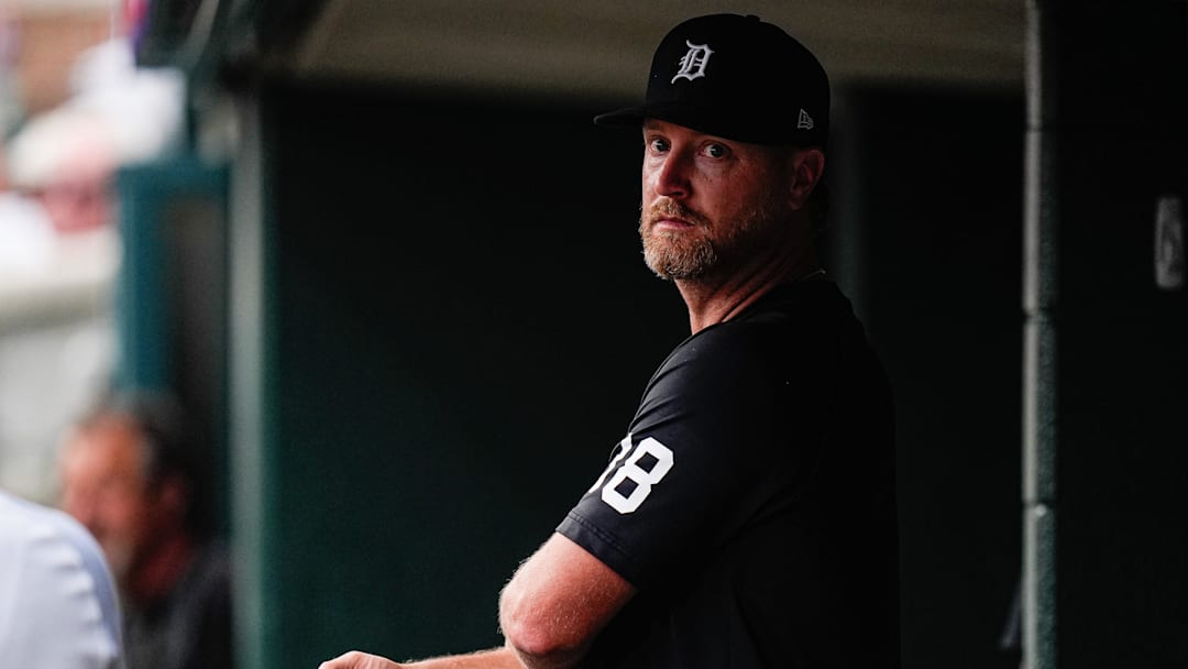 Detroit Tigers pitcher Alex Cobb watches a play from the dugout during the fifth inning against Minnesota Twins at Comerica Park in Detroit in Monday, August 4, 2025.