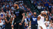Dallas Mavericks center Daniel Gafford (21) reacts after blocking an Oklahoma City Thunder shot attempt during second round of NBA Playoffs. Gafford's team will meet the Minnesota Timberwolves Wednesday evening in Game One of the Western Conference Finals.