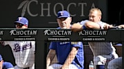 Sep 25, 2025; Arlington, Texas, USA; Texas Rangers manager Bruce Bochy (center) looks on from the dugout during the game against the Minnesota Twins at Globe Life Field