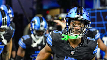 Detroit Lions cornerback Terrion Arnold (0) runs onto the field for the Minnesota Vikings game at Ford Field in Detroit on Sunday, Jan. 5, 2025. Arnold left the game injured.