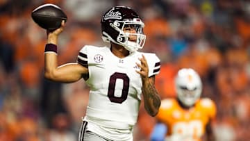 Nov 9, 2024; Knoxville, Tennessee, USA; Mississippi State Bulldogs quarterback Michael Van Buren Jr. (0) throws a pass against the Tennessee Volunteers during the first half at Neyland Stadium. Mandatory Credit: Caitie McMekin/USA TODAY Network via Imagn Images
