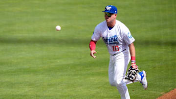 Oklahoma City's Ryan Ward (10) throws to first for an out during the minor league baseball between the Oklahoma City Comets and the Tacoma Rainers a the Chickasaw Bricktown Ballpark in Oklahoma City, Wednesday, April, 16, 2025.