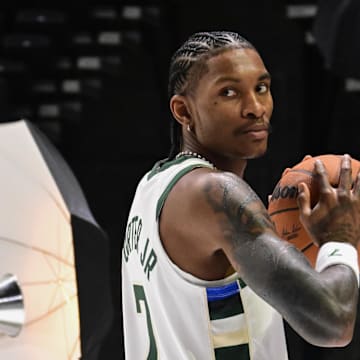Sep 29, 2025; Milwaukee, WI, USA; Milwaukee Bucks guard Kevin Porter Jr (7) poses for a picture during Milwaukee Bucks Media Day at the Fiserv Forum.  Mandatory Credit: Benny Sieu-Imagn Images