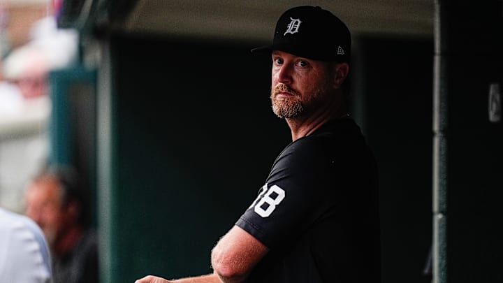 Detroit Tigers pitcher Alex Cobb watches a play from the dugout during the fifth inning against Minnesota Twins at Comerica Park in Detroit in Monday, August 4, 2025.