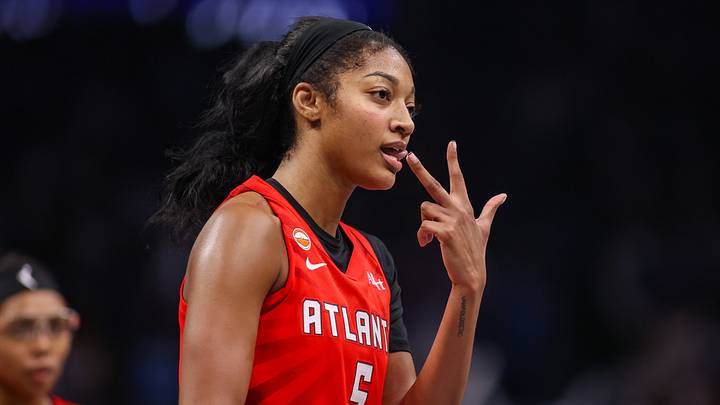 Oct 29, 2026; Atlanta, Georgia, USA; Atlanta Dream forward Angel Reese (5) reacts after a three-pointer against the Golden State Valkyries in the fourth quarter during game six of the 2026 WNBA Finals at State Farm Arena. Mandatory Credit: Brett Davis-Imagn Images