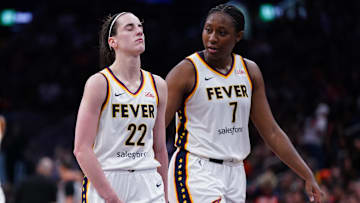 Jul 15, 2025; Boston, Massachusetts, USA; Indiana Fever guard Caitlin Clark (22) reacts with a possible injury after a play against the Connecticut Sun in the second half at TD Garden. Mandatory Credit: David Butler II-Imagn Images