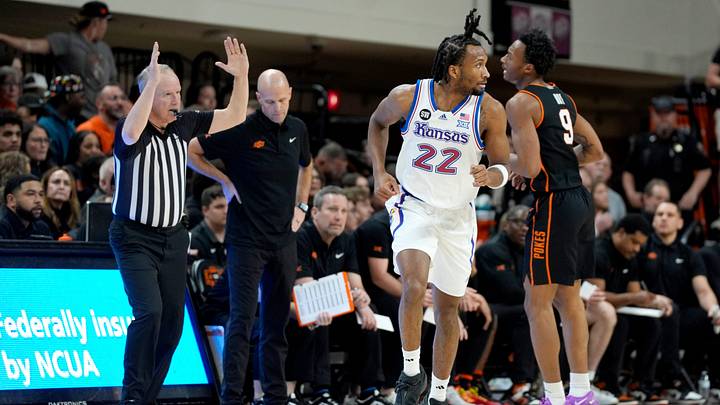 Kansas Jayhawks guard Darryn Peterson (22) runs after making a 3-pointer during a men's college basketball game between the Oklahoma State Cowboys and the Kansas Jayhawks at Gallagher-Iba Arena in Stillwater, Okla., Wednesday, Feb. 18, 2026.