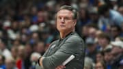 Nov 19, 2024; Lawrence, Kansas, USA; Kansas Jayhawks head coach Bill Self reacts during the second half against the North Carolina-Wilmington Seahawks at Allen Fieldhouse. Mandatory Credit: Jay Biggerstaff-Imagn Images