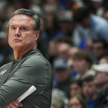 Nov 19, 2024; Lawrence, Kansas, USA; Kansas Jayhawks head coach Bill Self reacts during the second half against the North Carolina-Wilmington Seahawks at Allen Fieldhouse. Mandatory Credit: Jay Biggerstaff-Imagn Images
