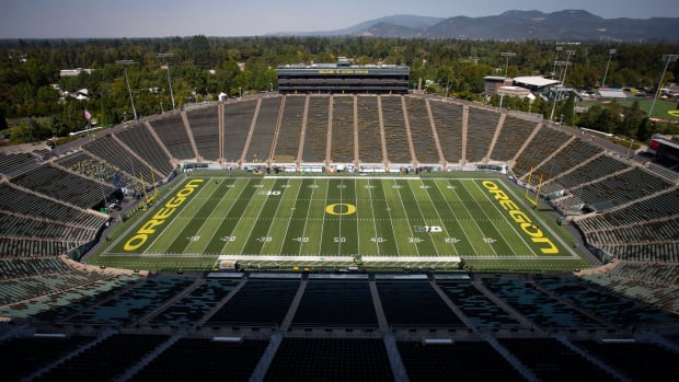 Big Ten logos adorn the field as the Oregon Ducks host the Idaho Vandals Saturday, Aug. 31, 2024 at Autzen Stadium in Eugene,