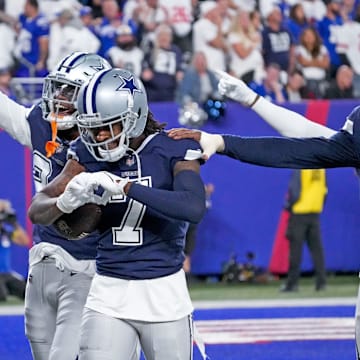 Dallas Cowboys cornerback Trevon Diggs celebrates an interception against the New York Giants at MetLife Stadium.