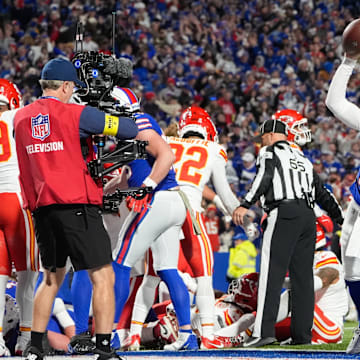 Nov 2, 2025; Orchard Park, New York, USA; Buffalo Bills quarterback Josh Allen (17)  celebrates a touchdown against the Kansas City Chiefs at Highmark Stadium. 